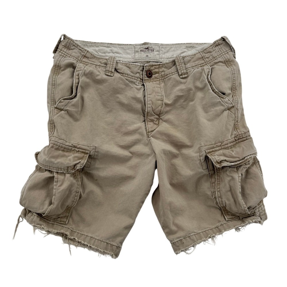 Hollister Cargo Shorts Mens 34 Khaki Tan Good Distressed Raw Hem Utility Twill